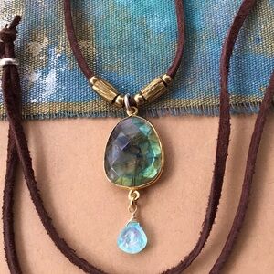 Natural Labradorite Aquamarine leather suede cord Sundance Charm Necklace SALE